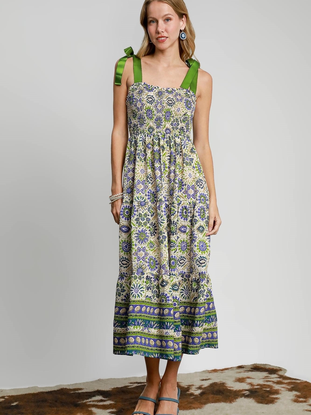 Umgee Green and Blue Floral Maxi Dress with Smocked Bodice